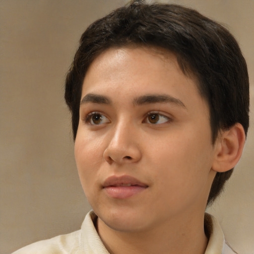 Neutral white young-adult female with short  brown hair and brown eyes