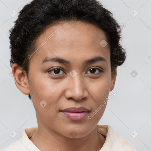 Joyful latino young-adult female with short  brown hair and brown eyes