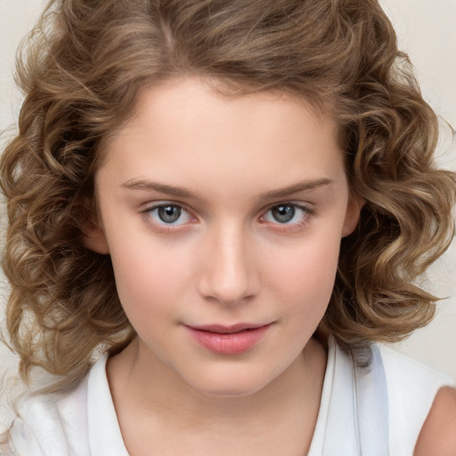 Joyful white child female with medium  brown hair and brown eyes