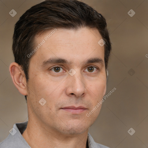 Neutral white adult male with short  brown hair and brown eyes