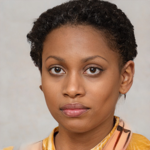 Neutral latino young-adult female with short  brown hair and brown eyes