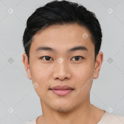 Neutral asian young-adult male with short  black hair and brown eyes