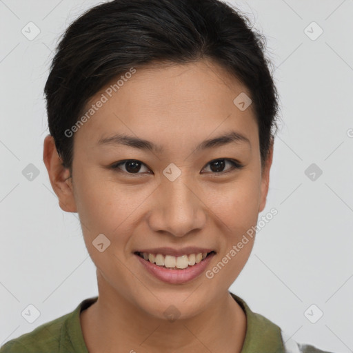 Joyful asian young-adult female with short  brown hair and brown eyes