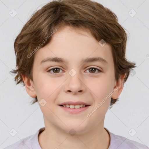 Joyful white child female with short  brown hair and brown eyes