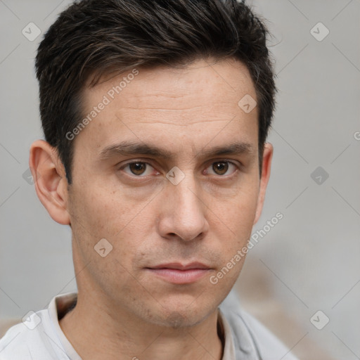 Neutral white adult male with short  brown hair and brown eyes