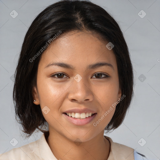 Joyful white young-adult female with medium  brown hair and brown eyes