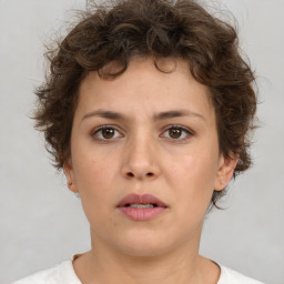 Neutral white young-adult female with short  brown hair and brown eyes