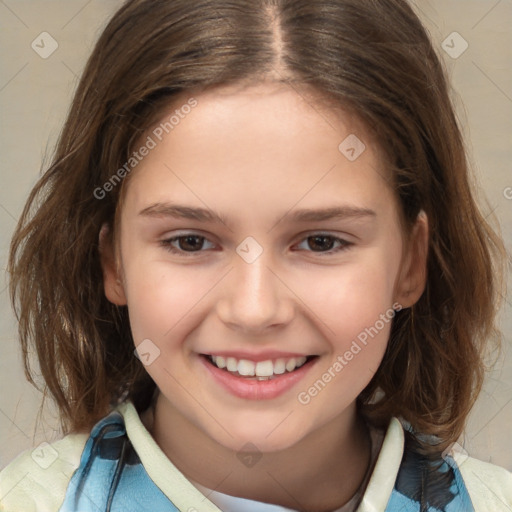 Joyful white child female with medium  brown hair and brown eyes