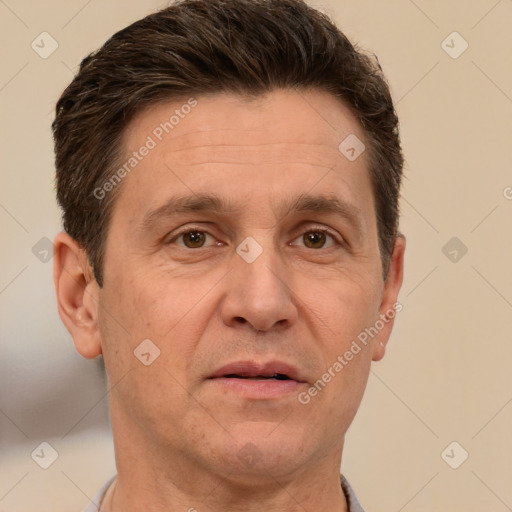 Joyful white adult male with short  brown hair and brown eyes