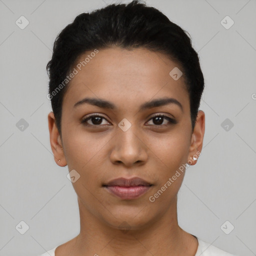 Joyful latino young-adult female with short  black hair and brown eyes