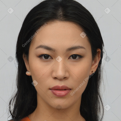 Neutral asian young-adult female with long  black hair and brown eyes