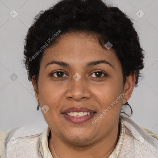 Joyful latino young-adult female with short  brown hair and brown eyes