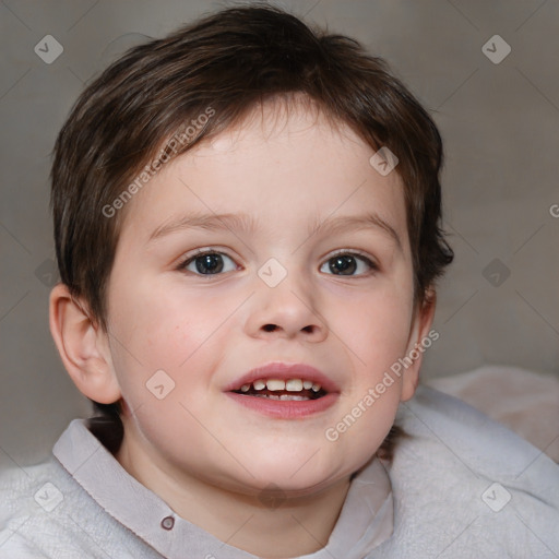 Joyful white child female with short  brown hair and brown eyes