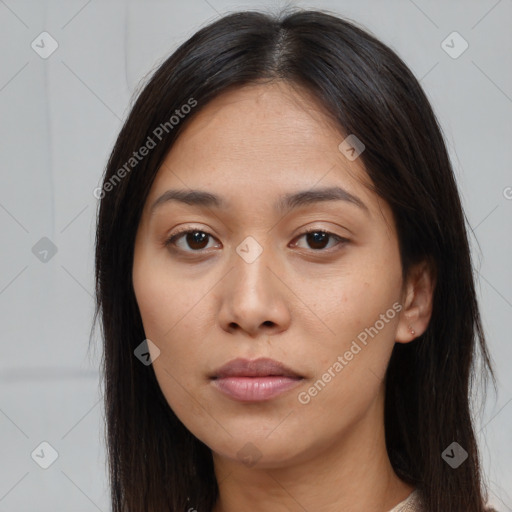 Neutral white young-adult female with long  brown hair and brown eyes