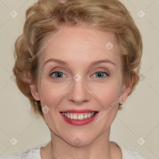 Joyful white young-adult female with medium  brown hair and blue eyes