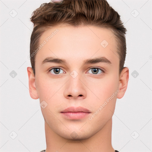 Neutral white young-adult male with short  brown hair and brown eyes