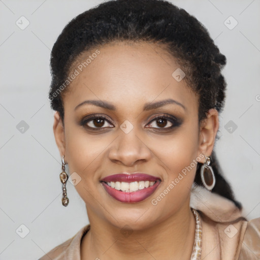 Joyful latino young-adult female with long  brown hair and brown eyes