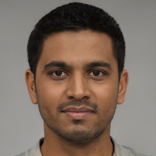Neutral black young-adult male with short  black hair and brown eyes
