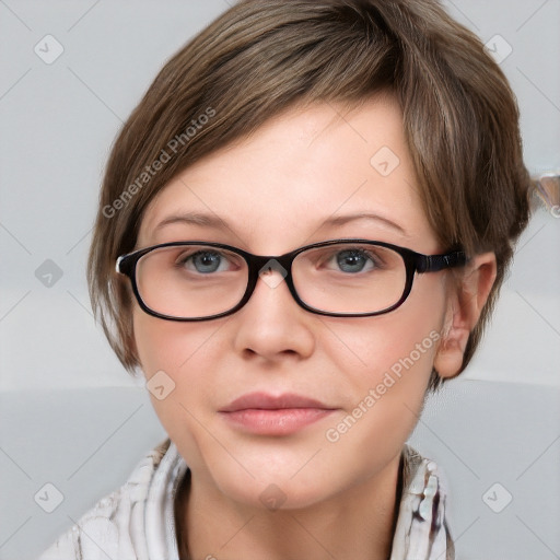 Joyful white young-adult female with medium  brown hair and blue eyes