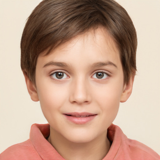 Joyful white child female with short  brown hair and brown eyes