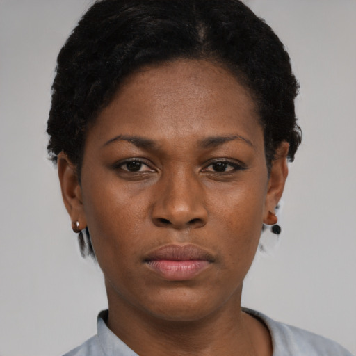 Neutral black young-adult female with short  brown hair and brown eyes