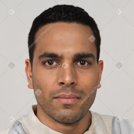 Neutral latino young-adult male with short  black hair and brown eyes