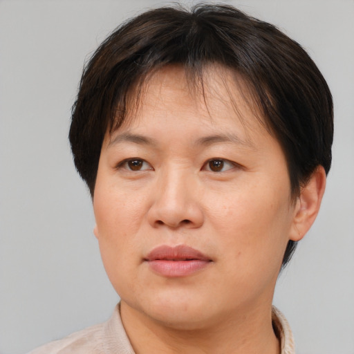 Joyful asian adult female with short  brown hair and brown eyes