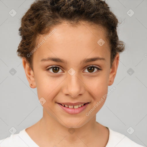 Joyful white child female with short  brown hair and brown eyes