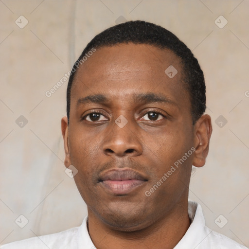 Neutral black young-adult male with short  black hair and brown eyes
