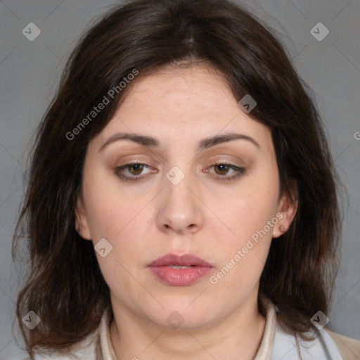 Neutral white young-adult female with medium  brown hair and brown eyes