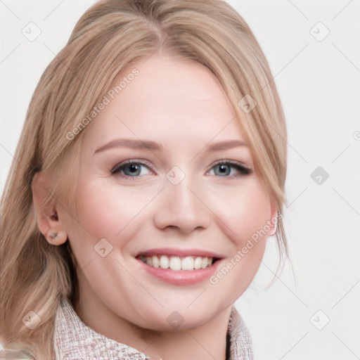 Joyful white young-adult female with medium  brown hair and blue eyes