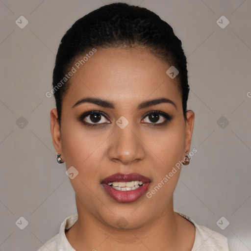 Joyful latino young-adult female with short  black hair and brown eyes