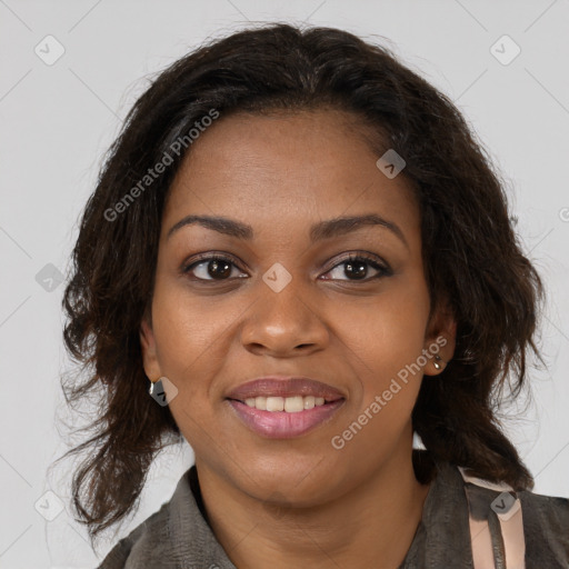 Joyful black young-adult female with medium  brown hair and brown eyes