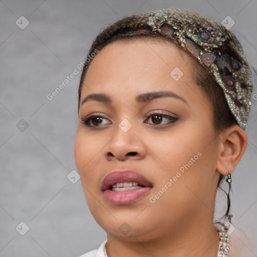 Joyful asian young-adult female with short  brown hair and brown eyes