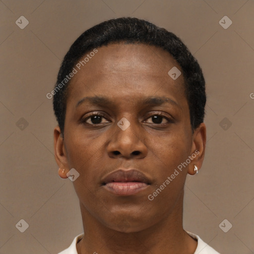 Neutral black young-adult female with short  brown hair and brown eyes
