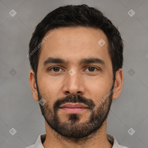 Neutral latino young-adult male with short  black hair and brown eyes