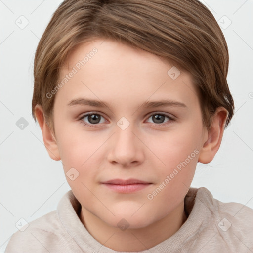 Joyful white child female with short  brown hair and brown eyes