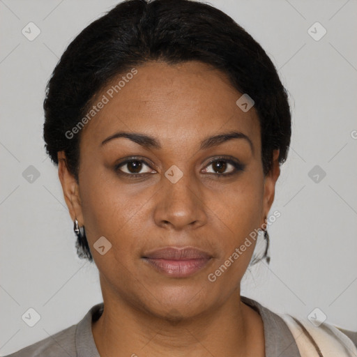Neutral black young-adult female with short  black hair and brown eyes