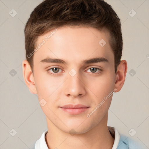 Neutral white young-adult male with short  brown hair and brown eyes