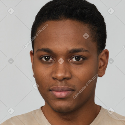 Neutral black young-adult male with short  black hair and brown eyes