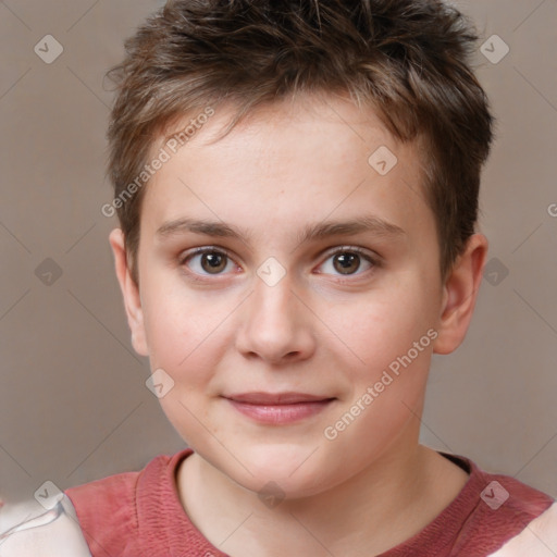 Joyful white child male with short  brown hair and brown eyes