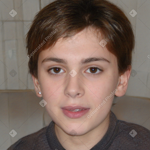 Neutral white young-adult female with short  brown hair and brown eyes