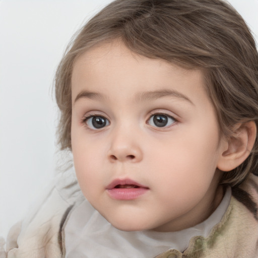 Neutral white child female with medium  brown hair and grey eyes