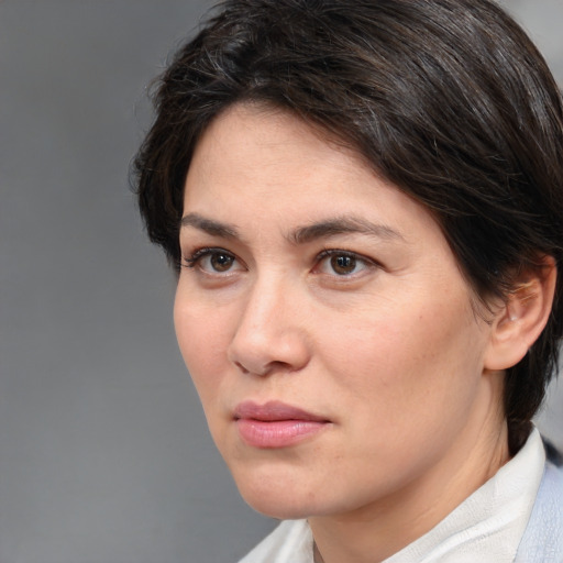 Neutral white adult female with medium  brown hair and brown eyes