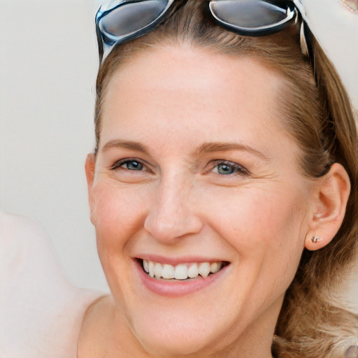 Joyful white adult female with long  brown hair and blue eyes