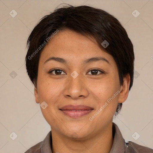 Joyful asian young-adult female with short  brown hair and brown eyes