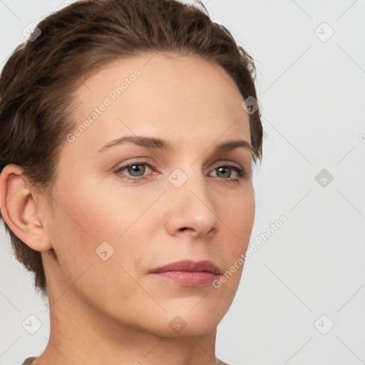 Neutral white young-adult female with short  brown hair and brown eyes