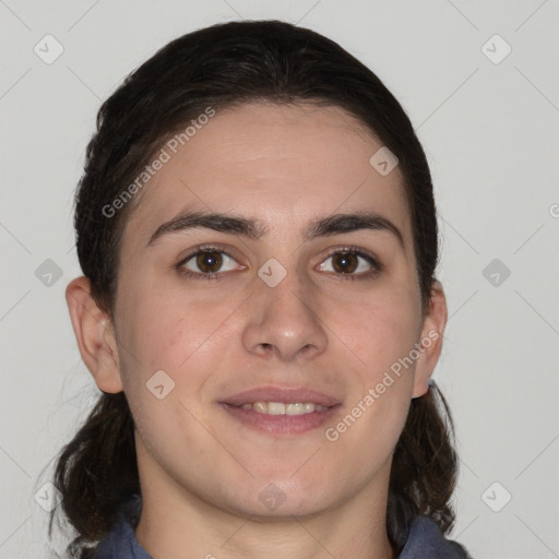 Joyful white young-adult female with medium  brown hair and brown eyes