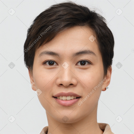 Joyful white young-adult female with short  brown hair and brown eyes