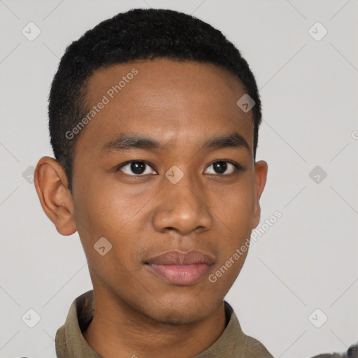 Neutral black young-adult male with short  black hair and brown eyes